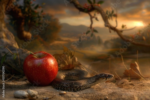 Eden departure: Adam mistake, Eve transgression, serpent deception, sacred fruit, moral awakening, divine punishment, spiritual exile, paradise loss, Genesis lesson, scripture symbol, biblical truth