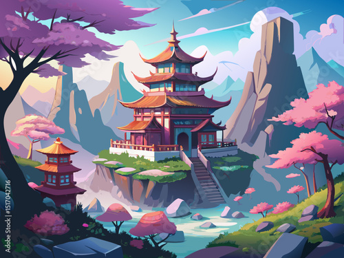 vector of Chinese temple in a misty mountain with sakura trees...