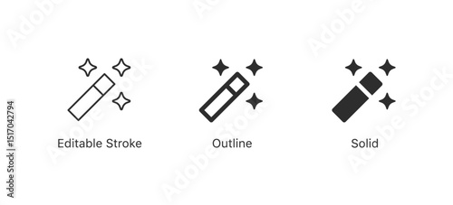 magic wand icons in editable stroke, outline, and solid styles, featuring sparkles, representing digital tools for selection and editing, perfect for UI/UX design, graphics, and creative projects