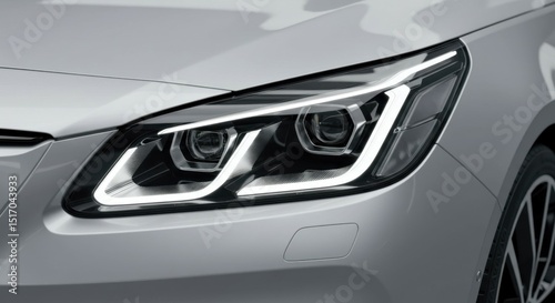 Detail view of an electric car’s modern LED headlamp on a silver metallic surface.
