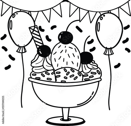 Festive ice cream sundae with balloons and confetti birthday treat