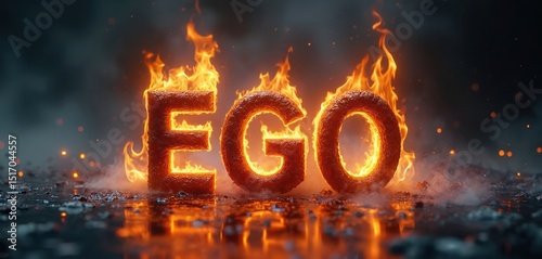 Burning word EGO, fire flames around letters. Concept destruction of egoism, challenge, self-awareness, mental health. Burning ego destruction self-esteem issues. Spiritual concept about releasing photo