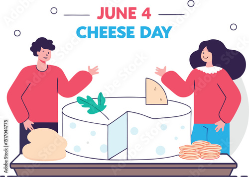 Happy cheese day june 4th celebration two people large cheese wheel