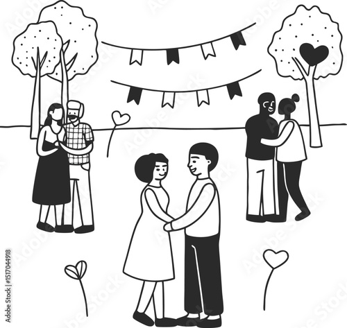 Happy couples enjoying a festive outdoor gathering in a park