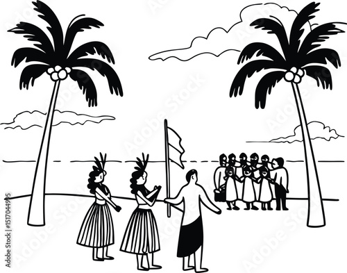 Tropical beach ceremony island dancers flag people celebration