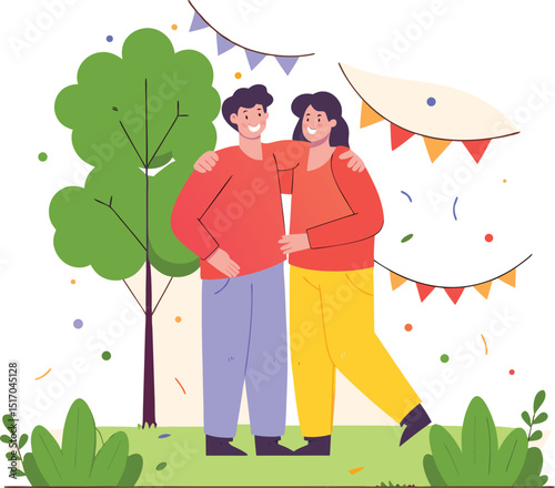 Happy couple embracing in a festive park setting
