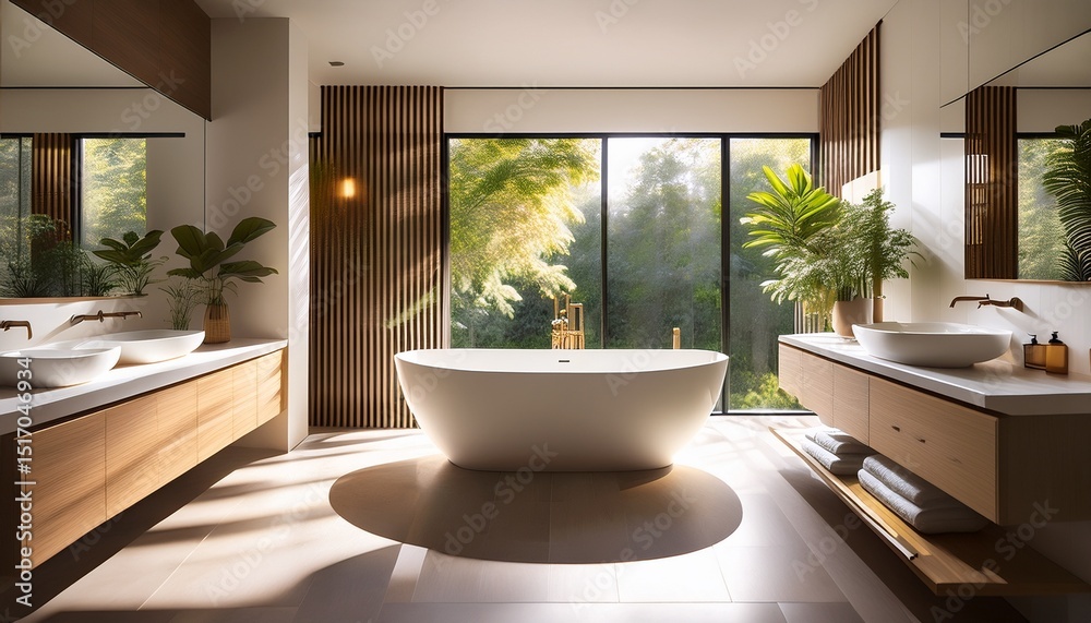 Fototapeta premium sunlit bathroom with a freestanding bathtub creating a serene and minimalist ambiance