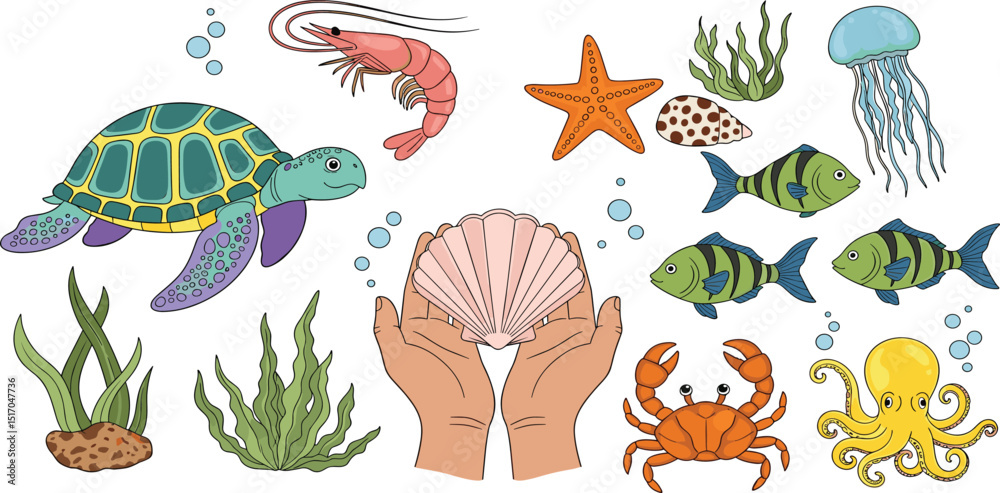 Naklejka premium Underwater world. Vector modern abstract illustration of summer, sea, ocean, shell, turtle, crab, jellyfish, fish, shrimp, octopus, starfish, seaweed for icon set, elements or objects