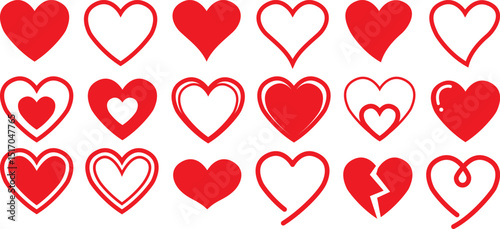Collection of various red heart shape illustrations. Set of vector icons symbols about love or romance. Art & Illustration