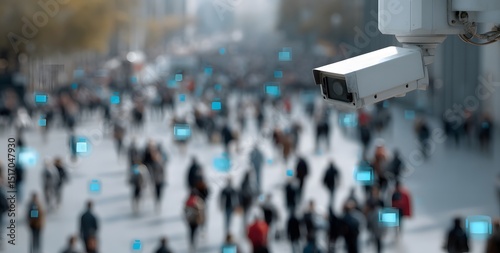 Security camera with faces of people on the screen in a busy city environment, capturing urban life and modern surveillance