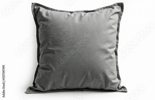 Isolated grey cushion on white background. Soft pillow with decorative edging. Comfortable home textile for sleep relaxation and interior design. Close-up studio shot.