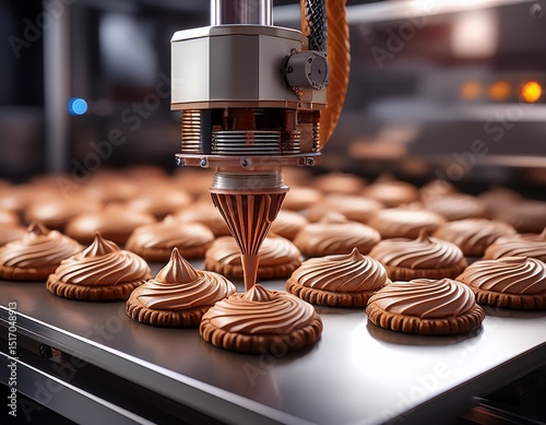 high tech 3d printer piping chocolate and cream swirls on biscuits modern automated dessert production highlighting culinary precision and elegant decoration