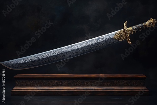A Damascus steel sword with a golden handle sits on a wooden stand against a dark, moody backdrop, showcasing its intricate craftsmanship.