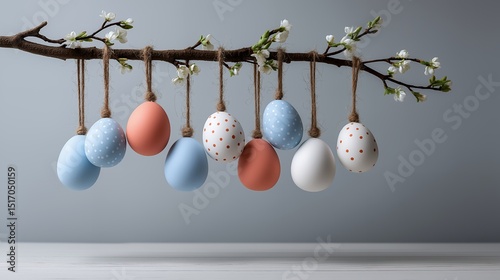 Decorative Easter Egg Display with Blossoming Branch photo