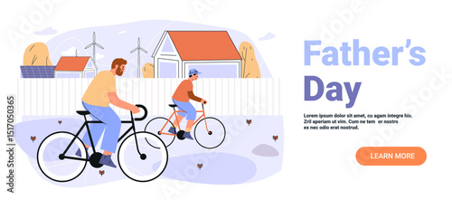 Father and son biking outdoor family activity rural landscape wind turbines solar panels houses modern flat website banner