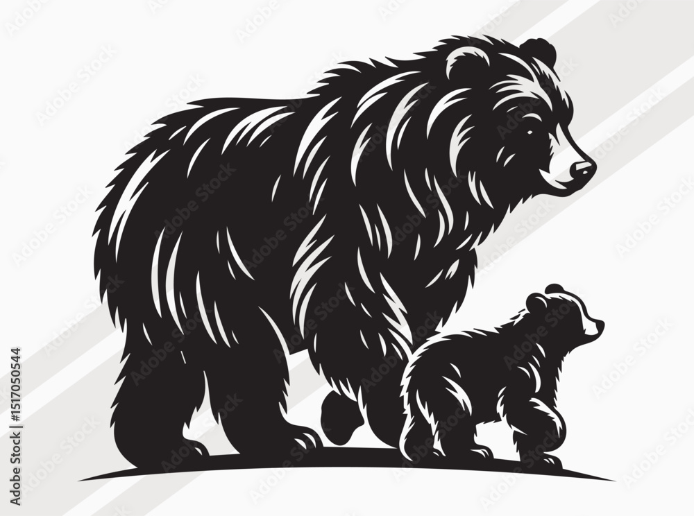 Obraz premium Bear and Cub Silhouette, Mama Bear and Child Bear, Dad Bear And Child Bear SVG Illustration Depicting Wildlife Bond and Nature Connection