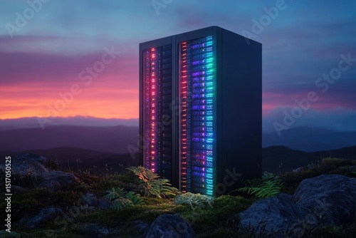 Illuminated data server stands majestically against a vibrant sunset mountain backdrop, merging technology with the natural world.