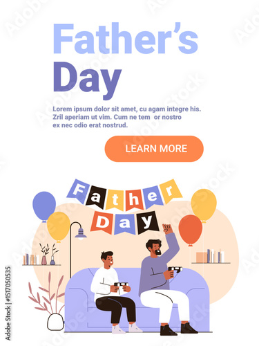 Father and son playing video games celebration living room balloons festive home decor modern website banner
