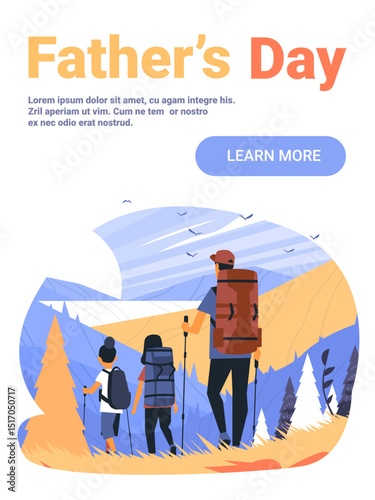 Father hiking with children mountain landscape adventure outdoor family bonding colorful nature scene web banner