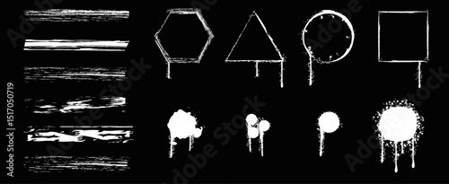 Abstract patterns of paint drips and shapes on black background showcasing creativity and artistic expression.