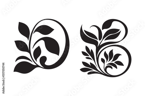 Floral Monogram Letters Decorative Black Leafy Alphabet Silhouette Vector Design photo