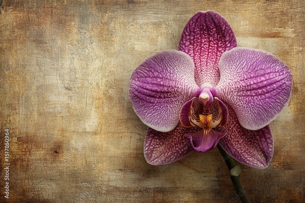 Fototapeta premium A single purple orchid blooms against a textured, rustic backdrop, highlighting its delicate beauty and graceful form.