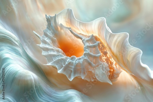 A close-up, artistic rendering of a conch seashell with intricate details and soft, flowing textures.
