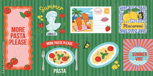 Summer. Italy. Amalfi. Vector illustration of lemon, italian pasta or macaroni poster, antique bust, sunbathing feet in flip-flops on beach, palm tree, tomato, postage stamps for icons and stickers