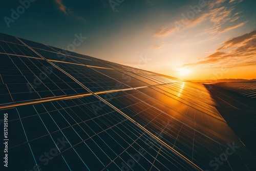 Rows of solar panels gleam under a vibrant sunset, promising clean energy for the future with sustainable power production.