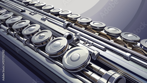 Close-up of silver flute keys glistening under soft light, arranged horizontally across a clean background—showcasing precision, beauty, and the lightness of orchestral sound.