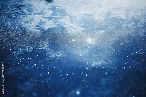 A serene, blue-toned abstract image with reflective surfaces, resembling water or ice, scattered with light particles and cloud-like formations.