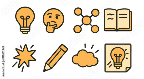 Outline with Fill style icons of idea generation process: lightbulb, thinking face, mind map, notebook scribbles, inspiration flash, pencil tip, creative cloud, concept sketch.