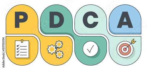 Bright PDCA cycle infographic with plan, do, check, act steps and business process icons in pastel colors