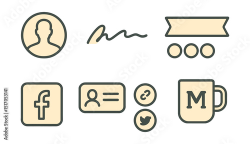 Outline with Fill style icons of personal branding: profile photo, signature icon, color palette, tagline banner, favicon, portfolio card, social links, branded mug.