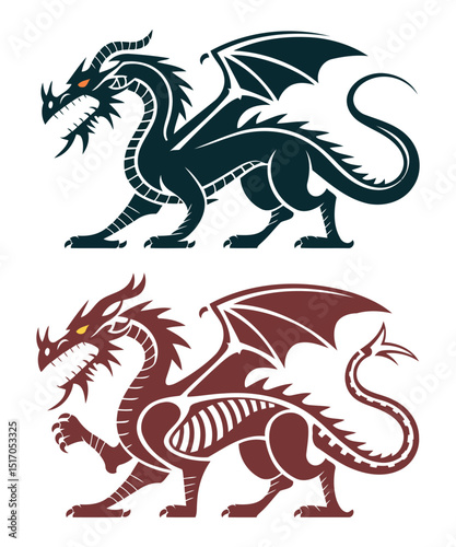 Dark dragon silhouettes with fiery eyes and segmented tails, ideal for fantasy art and game design