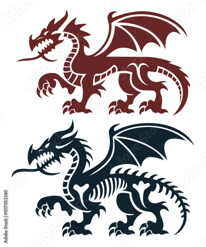 Detailed dragon graphic designs with spiked tails and open jaws, ideal for fantasy and medieval themes