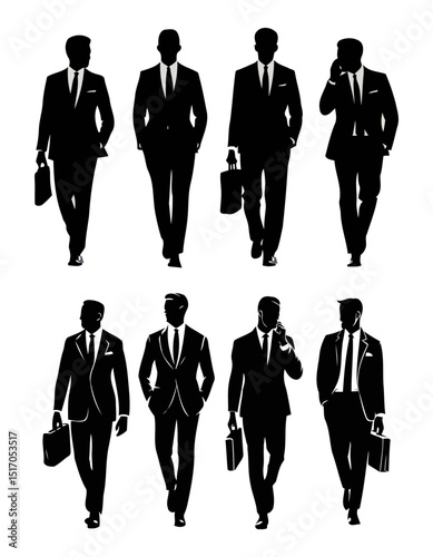 Set of Professional Businessmen Silhouettes in Formal Suits Walking with Briefcases