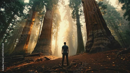 Wallpaper Mural Hiker standing among giant sequoia trees in morning fog, admiring the sun rays filtering through branches, experiencing the awe inspiring beauty of nature Torontodigital.ca