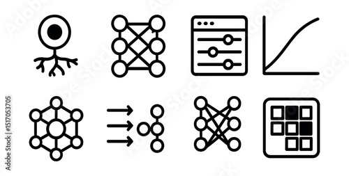 Outline with Fill icon set for neural network logic: neuron node, connecting layers, weights panel, learning graph, AI web, input/output, neural structure, activation map.