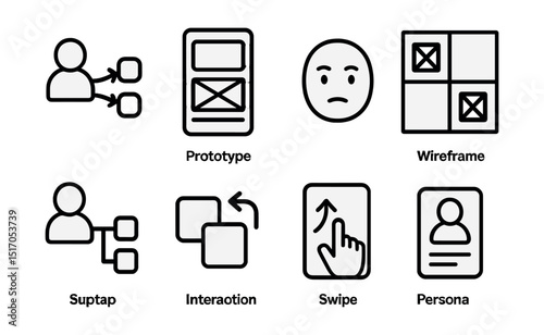 Outline with Fill icon set for UX design process: user flow, prototype screen, testing face, wireframe grid, user map, interaction icon, swipe gesture, persona card.