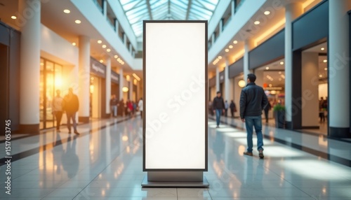Blank advertising display in busy shopping mall during daytime   photo