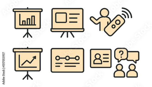 Outline with Fill style icons of business presentations: projector screen, slide deck, speaking figure, clicker icon, chart on screen, timeline slide, pitch frame, Q&A session.