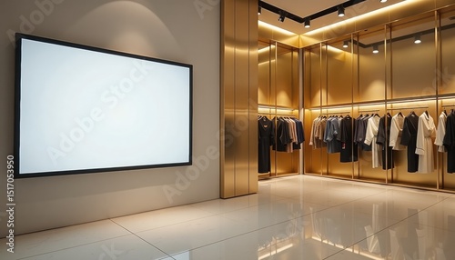 Modern retail store interior featuring clothing racks and digital screen  
