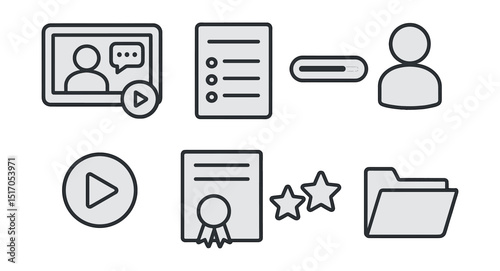 Outline with Fill style icons of online course interface: video lecture, course list, progress bar, student profile, play button, certificate icon, rating stars, course folder.