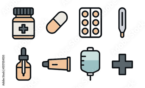 Outline with Fill vector icons of modern medicine tools: pill bottle, capsule icon, blister pack, thermometer, dropper bottle, ointment tube, IV bag, medical cross.