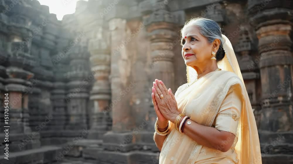 custom made wallpaper toronto digitalElegant senior Indian woman wearing traditional clothing, joining hands in prayer amidst the sunny ambiance of an ancient temple, surrounded by majestic stone columns and rich cultural heritage
