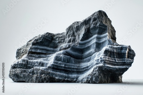 Striking dark stone formation with distinct horizontal layers of white and grey against a bright, neutral background.