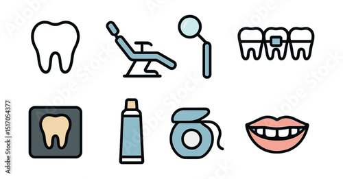 Outline with Fill vector icons of dental care and treatment: tooth icon, dental chair, mirror tool, braces, x-ray tooth, toothpaste tube, floss container, smiling mouth.