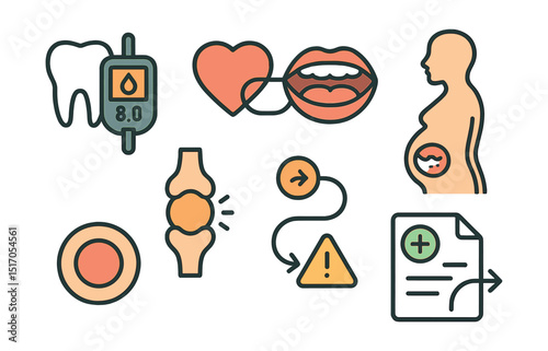 Outline with Fill vector icons of oral-systemic connection: diabetes tooth icon, heart and mouth, pregnancy gum icon, joint-pain link, general health file, inflammation circle, risk path, medical