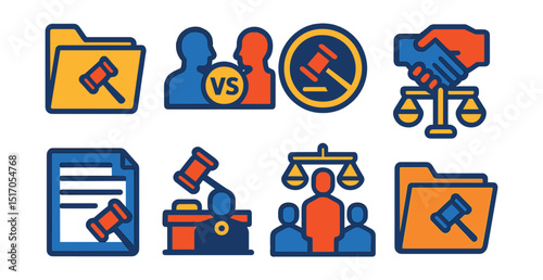 Flat vector icons of lawsuits and litigation: lawsuit folder, plaintiff vs defendant icon, litigation badge, legal dispute, court claim form, case hearing, class action icon, motion file.